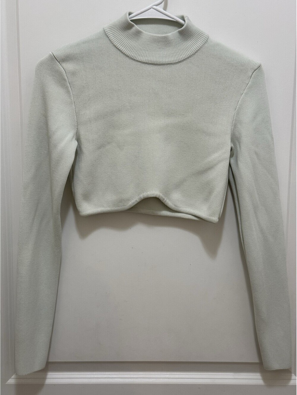 Zara Sweater Womens Small Pale Mint Green Cropped Mock Neck Long Sleeve Knit